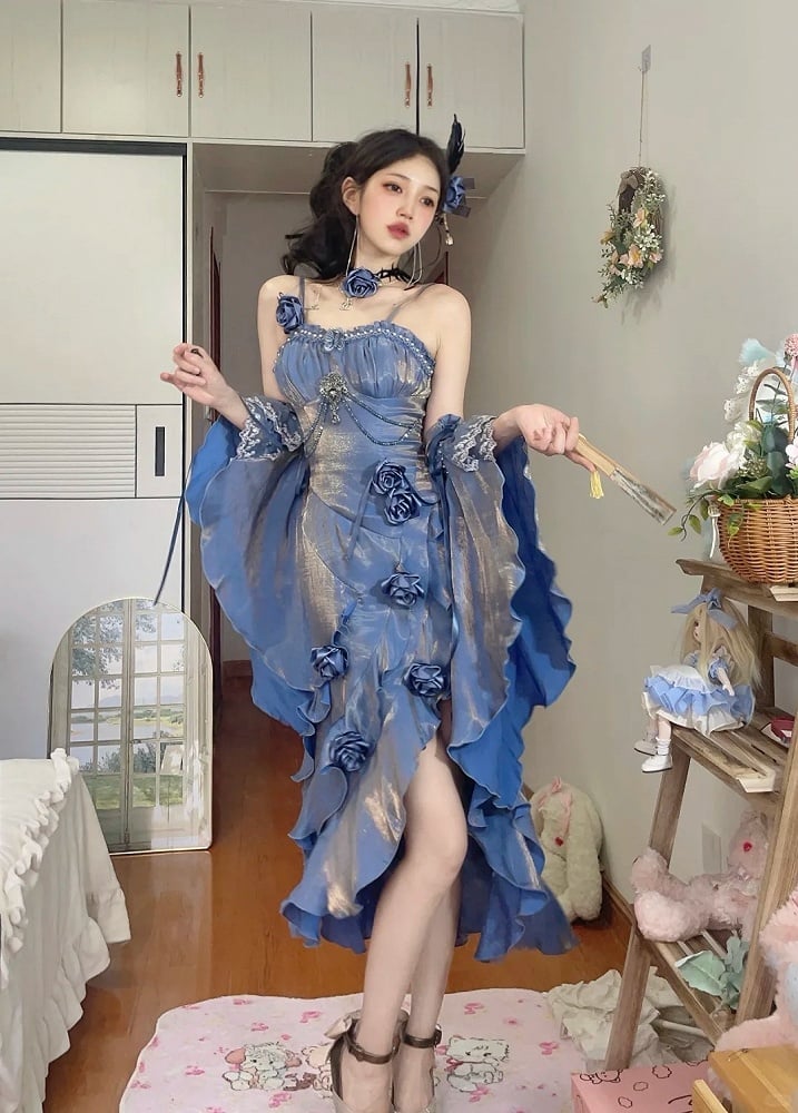 Blue Rosette Mermaid Evening Gown with Detachable Flounce Sleeves