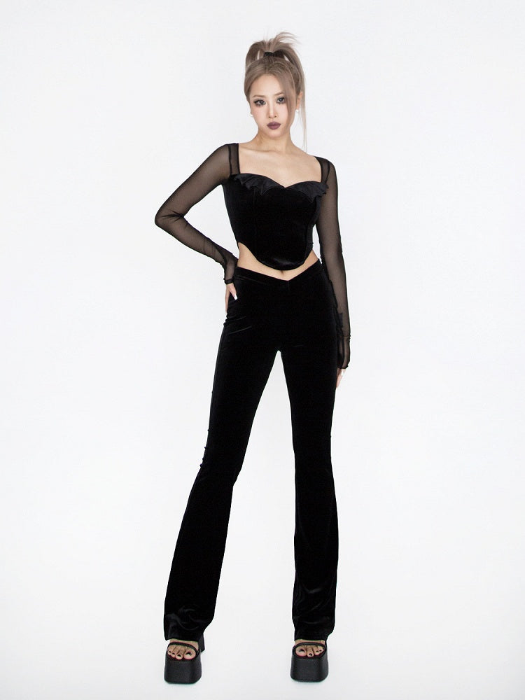 Gothic Black Velvet Curved Hem Mesh Long Sleeves Top