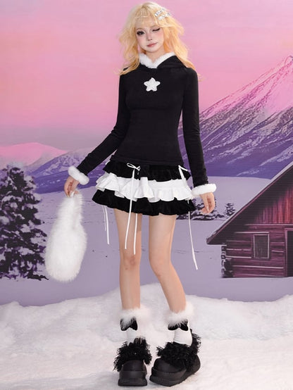 ブラックスターアップリケプラッシュトリムフード付きスリムフィットトップス