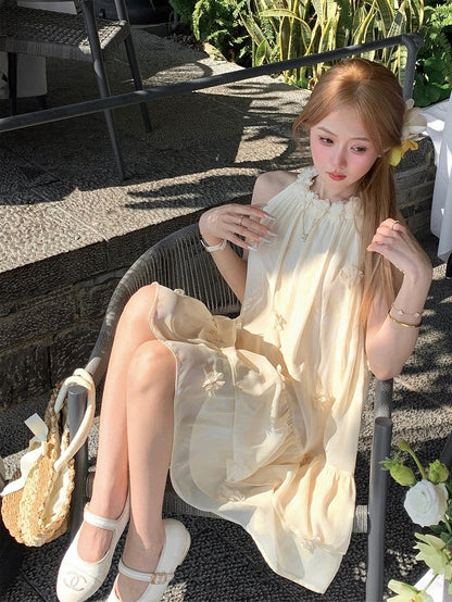Milk Yellow Halter Dress with Floral Accents - Qchiwawameme