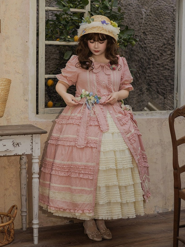 Pink Layered Ruffles Elegant Dress with Front Buttons - Miss Point