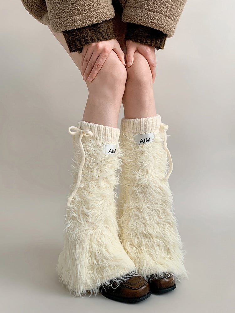Faux Fluffy Drawstring Cream Warmers Fur Leg
