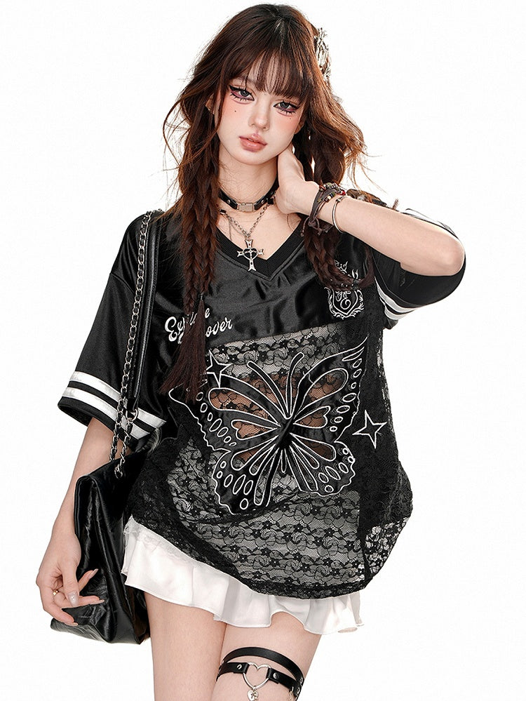 Rosa/Schwarzes sportliches T-Shirt mit Schmetterlingsapplikation und Spitze im Patchwork-Stil