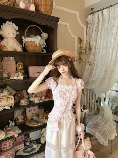 With Puff Sleeves Striped Lace Halter Top Accents Bow Pink