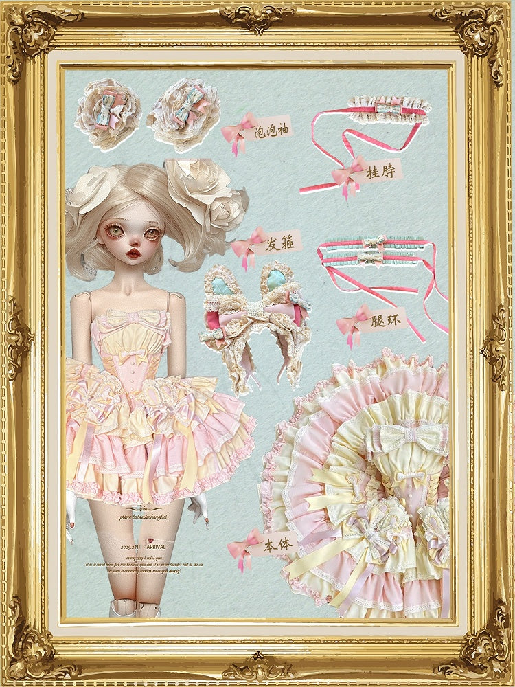 und Korsett mit Ohrenstäbchen, Schleife und Taille, rosa Rockkleid, bauschig, Hase auf süßem gelbem Design