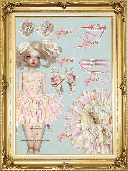 und Korsett mit Ohrenstäbchen, Schleife und Taille, rosa Rockkleid, bauschig, Hase auf süßem gelbem Design