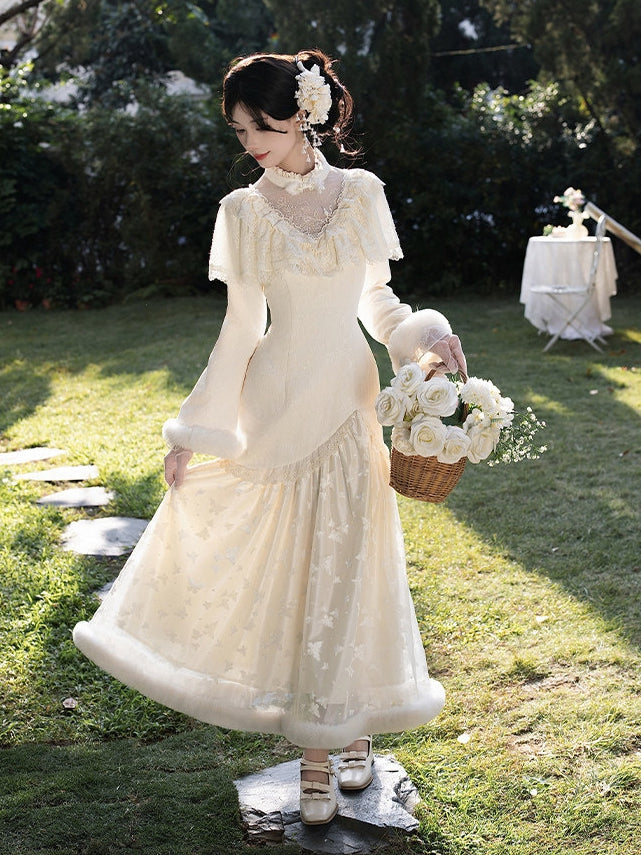 Cheongsam Embroidery Edward Camellia and Creamy Neck Dress Style Plush with Cuffs Mermaid Hem