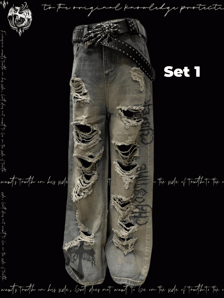 Wash Y2K Jeans Wasteland Punk Blue Faded Distressed Holes Glamorous