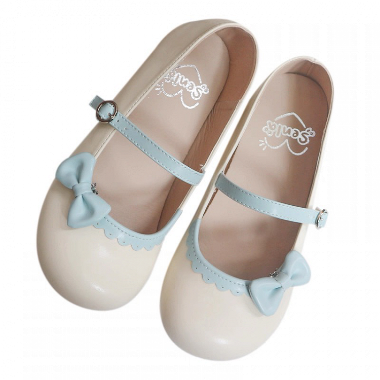 Flat Hem Bow Round - Shoes Lolita Toe with Scalloped Beige Blue