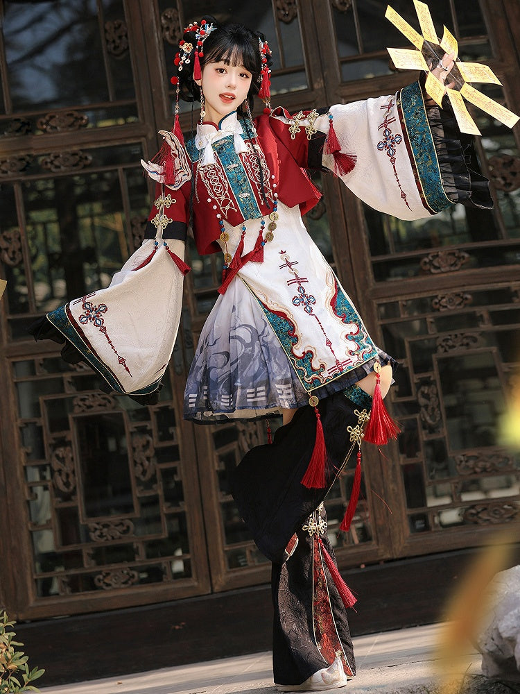 Wide Sleeves Chinese Knot Embroidery Han Lolita Dress Fox Patch Cropped Top Set - Unknown Star