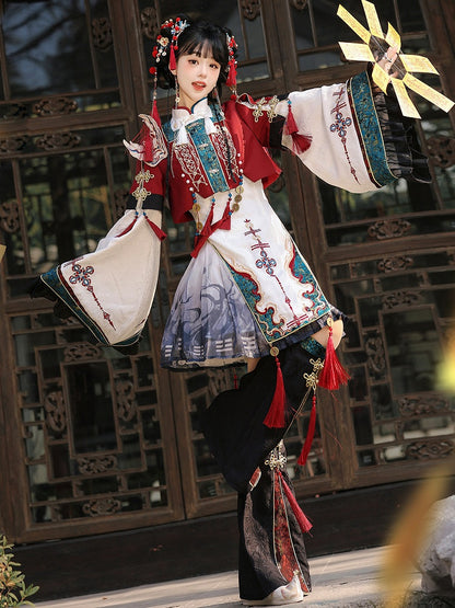 Wide Sleeves Chinese Knot Embroidery Han Lolita Dress Fox Patch Cropped Top Set - Unknown Star