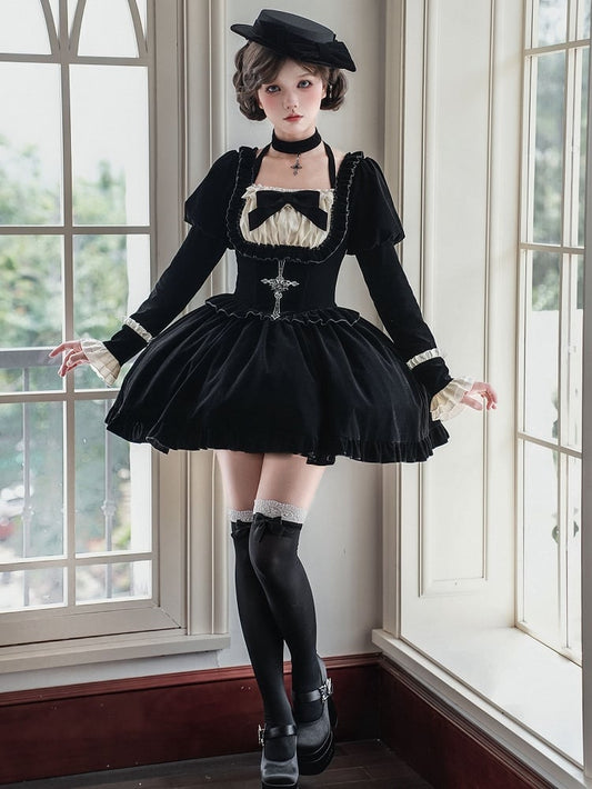 Autumn/Winter Lolita Waist + Brooch Boned for Choker Black Velvet Dress Set Version Bow Basque Short Hat