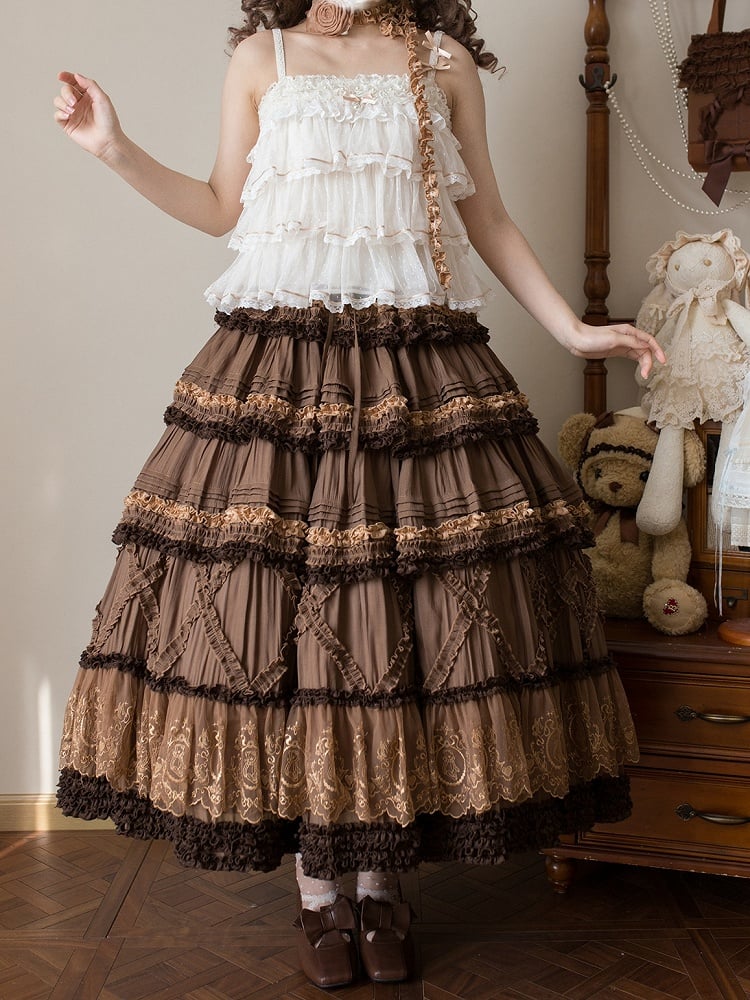 Skirt Teddy Details Embroidery Pink Coffee Fashion House Lolita