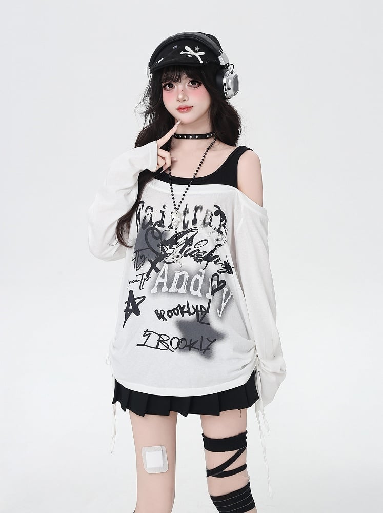 Star Y2K Print Open Shoulder Black/White Top Faux Two-pieces