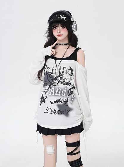 Star Y2K Print Offene Schulter Schwarz/Weiß Top Faux Zweiteiler