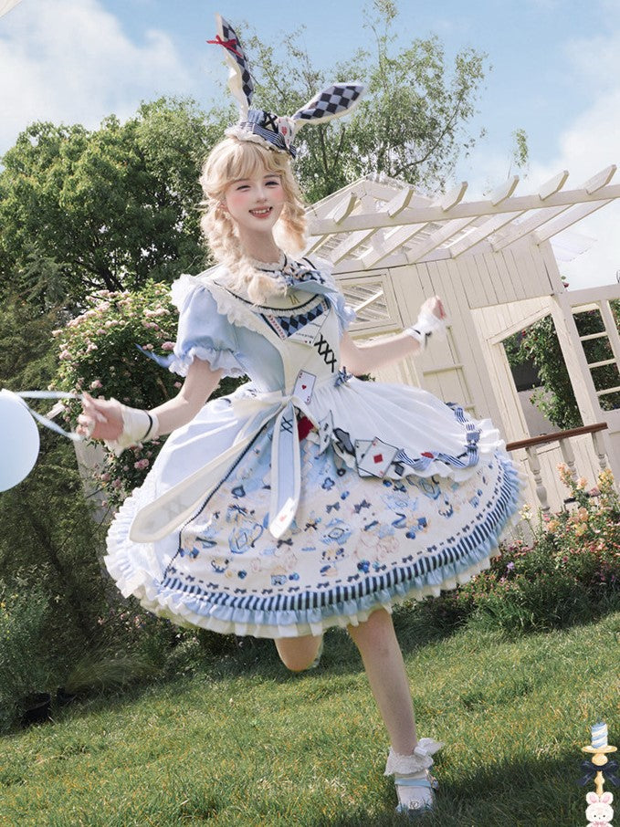 Sweet Lolita Apron Dress OP Full Set with Bunny & Teapot Print in Blue - Ying Luo Fu