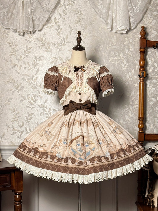 Braunes Lolita-Kleid mit Rüschen und Rundhalsausschnitt, Kitty- und Teddy-Print, Sweet Lolita OP