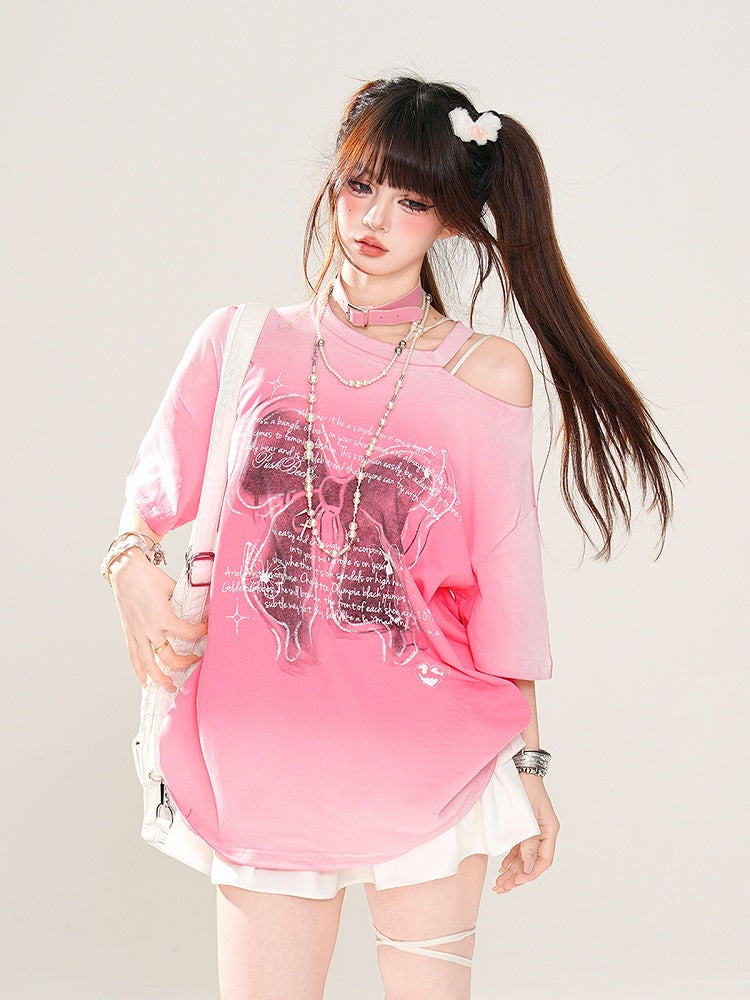 Butterfly Rose Pink/Pink/Grau Lockeres Schulter-T-Shirt Print Ombre Cutout
