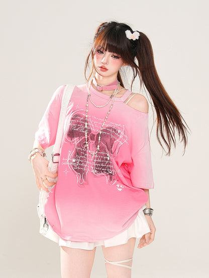 Butterfly Rose Pink/Pink/Grau Lockeres Schulter-T-Shirt Print Ombre Cutout