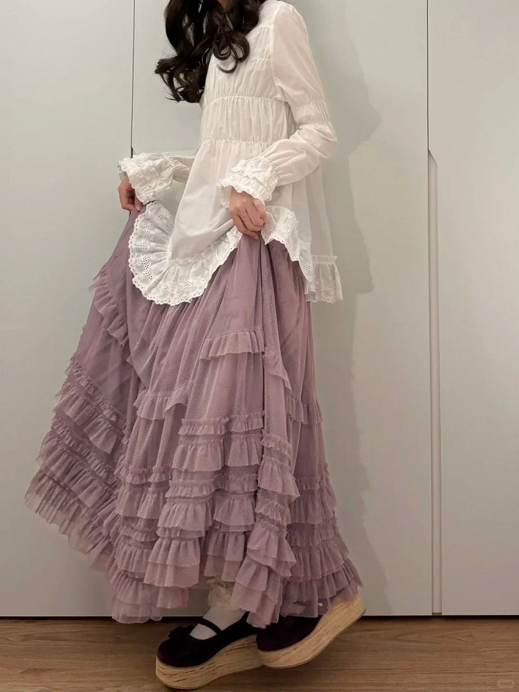 Loose Ruffled Multi-Layer Purple Lolita Tulle Elegant Hem Skirt