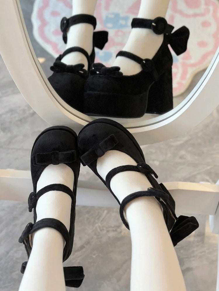 Classic Platforms Bowknot Details High Buckle Lolita Velvet with Black Block Ring Heels Design