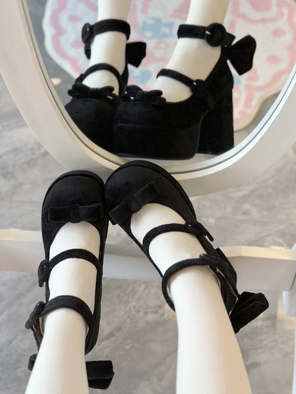 Classic Platforms Bowknot Details High Buckle Lolita Velvet with Black Block Ring Heels Design