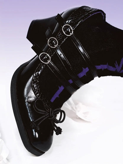 Quadratische Akzentzehe Gothic - 6,5 cm Absätze Schleife PU Schwarz Lolita Block Geknotet