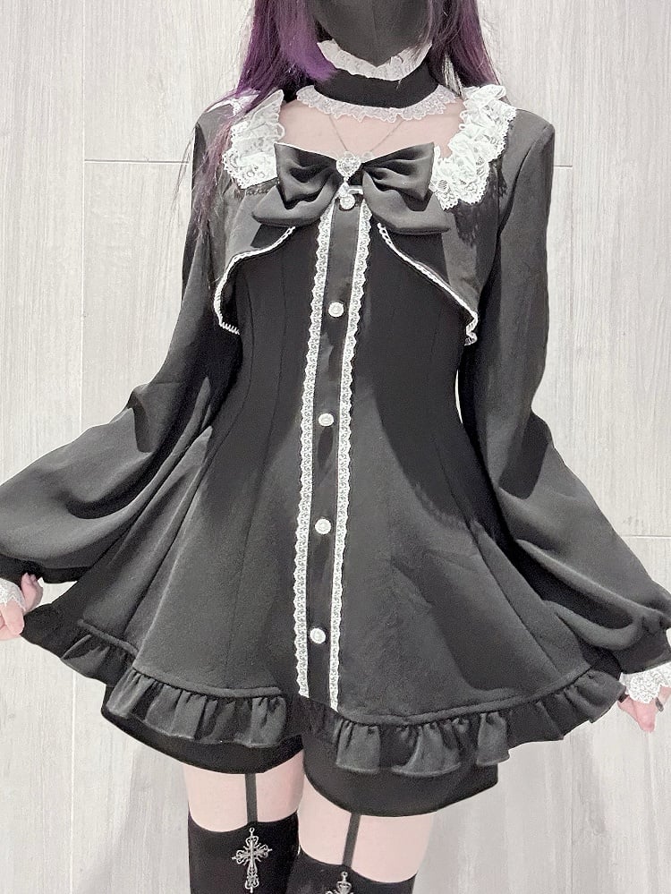 Black Jirai Kei Long Sleeve Coord Set- Square Neck Top with Lace Edging, Shorts, Bow Tie & Choker