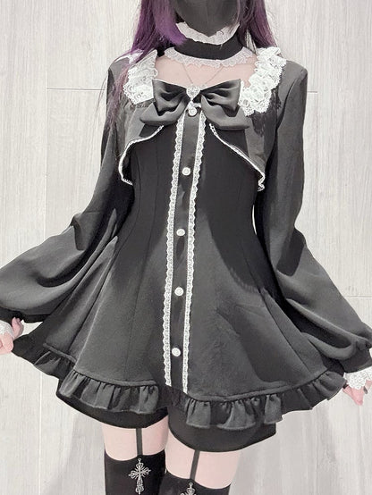 Black Jirai Kei Long Sleeve Coord Set- Square Neck Top with Lace Edging, Shorts, Bow Tie & Choker