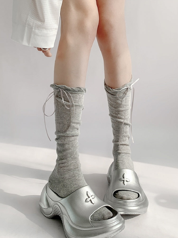 Socks Ribbon Calf Bow Decorated White/Gray/Pink Cream