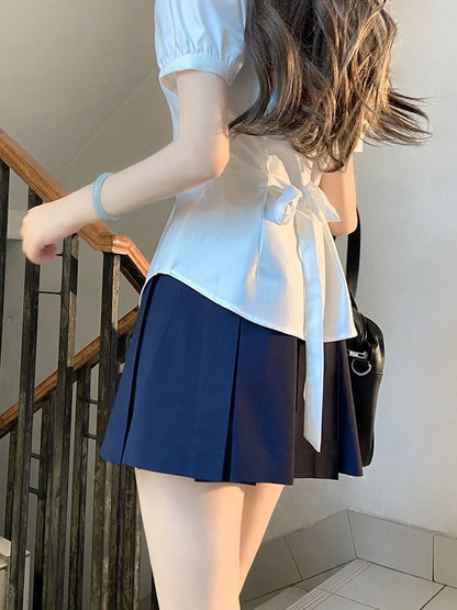 JK制服の白いセルフタイパフバックスリーブシャツデザイン