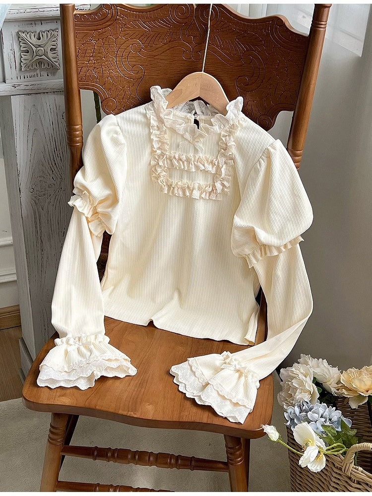 Beige Puff Sleeve Lolita Knit Top with Lace Trim Detail - With PUJI