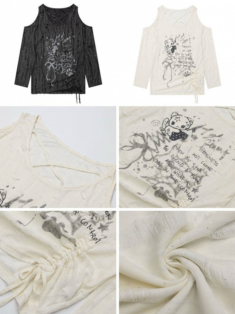 Gray Y2K Distressed Cutout Long Sleeve Top with Print and Drawstring - CRAZY GIRL