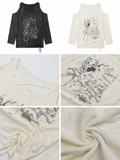 Gray Y2K Distressed Cutout Long Sleeve Top with Print and Drawstring - CRAZY GIRL