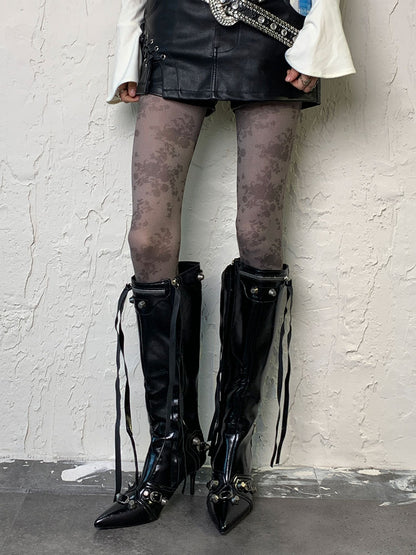 Gothic Grau-lila Y2K Blumenstrumpfhose