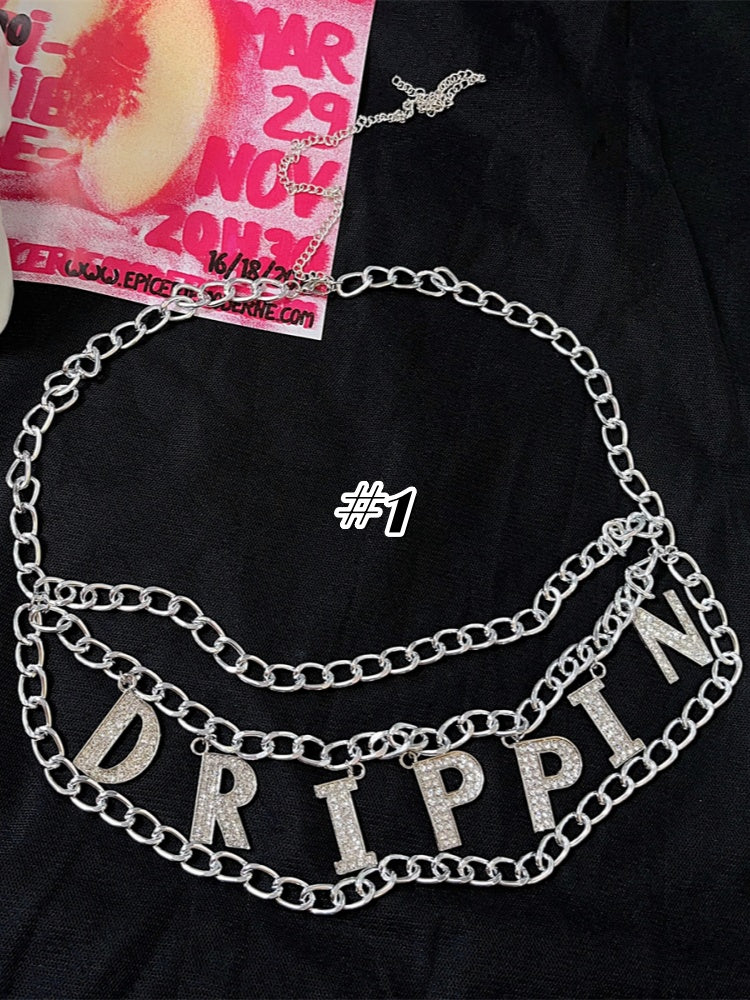 レターラインストーンデザインパンクウエストチェーン