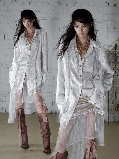 Beige Satin Lace-Trimmed Punk Shirt with Chain Accents