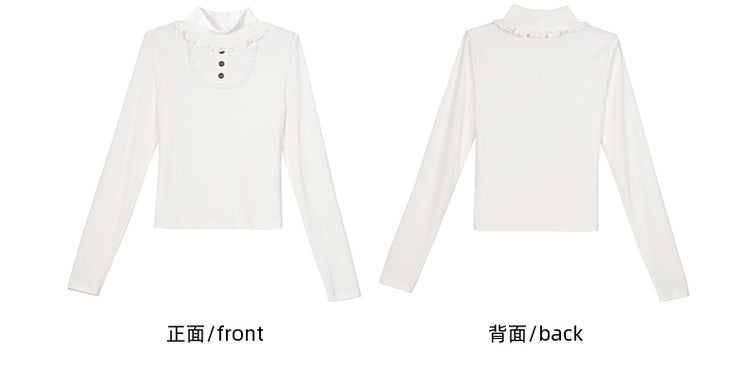 Weißes, hochgeschlossenes, langärmliges Top mit Spitzenbesatz