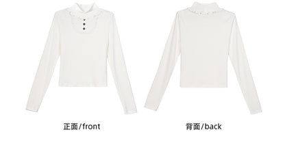 Weißes, hochgeschlossenes, langärmliges Top mit Spitzenbesatz