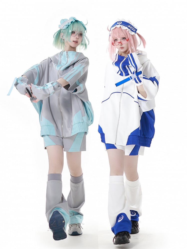 Blau-weiße Jirai Kei-Sportshorts im Colorblock-Design