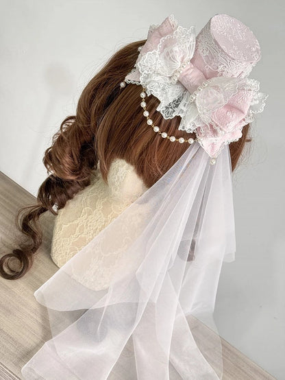 (Lace Pink Head Pastel Pearl Details) Lolita Hat with Veil Sweet Mini