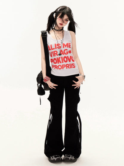 ブラック ローライズ スリムフィット フレア カーゴパンツ