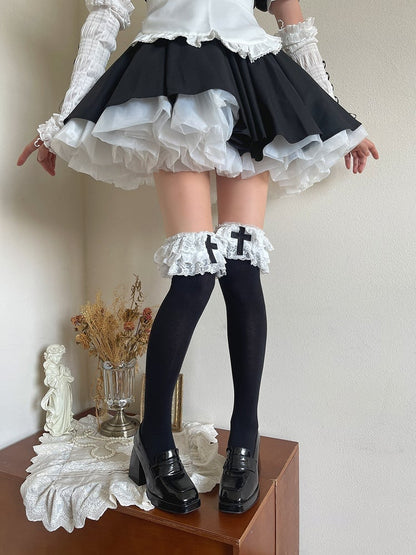 Stockingswith BlackWhite Gothic Cross Decoration Ruffled 3-Layer Lolita