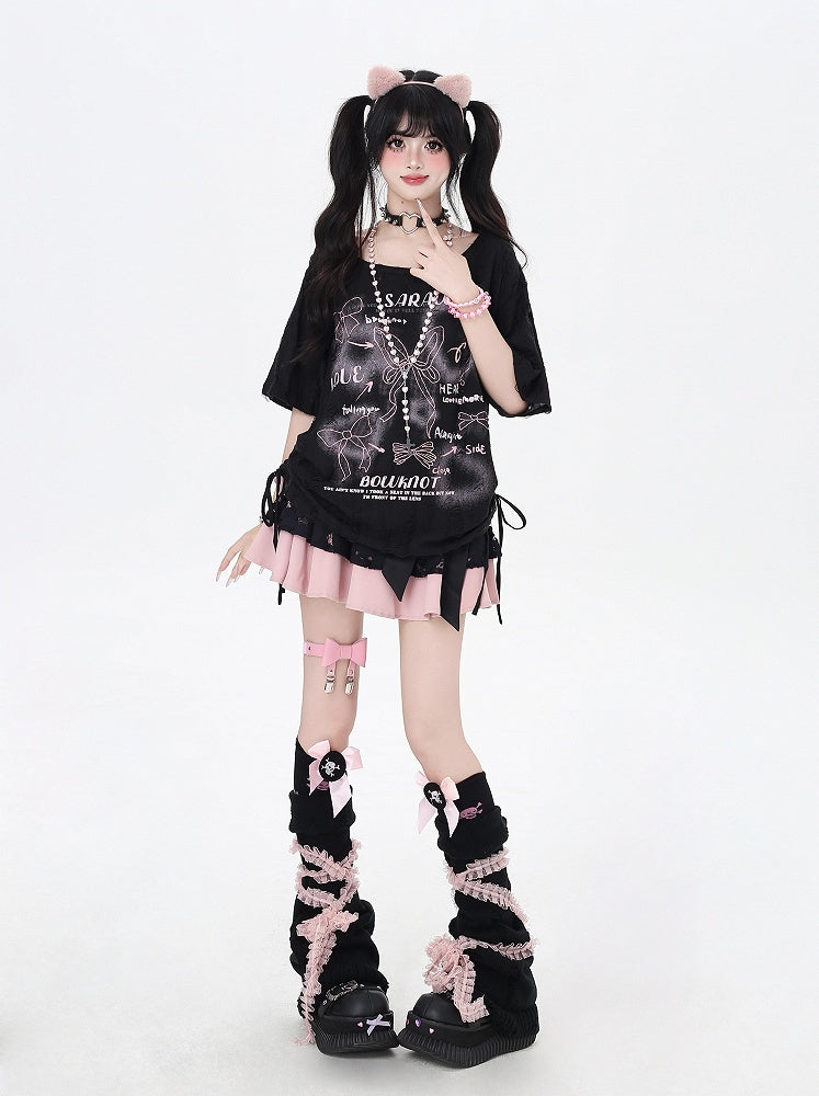 Schwarz/weißes T-Shirt mit seitlichem Kordelzug und Schleifenmuster, inklusive Schal