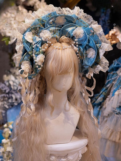 Trim and with Chains Lace White Print Bonnet Lolita Blue Bead Floral Flower