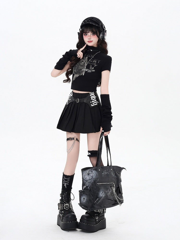 Graffiti PU Closure Pleated with Skirt Gothic Zipper Black Buckles