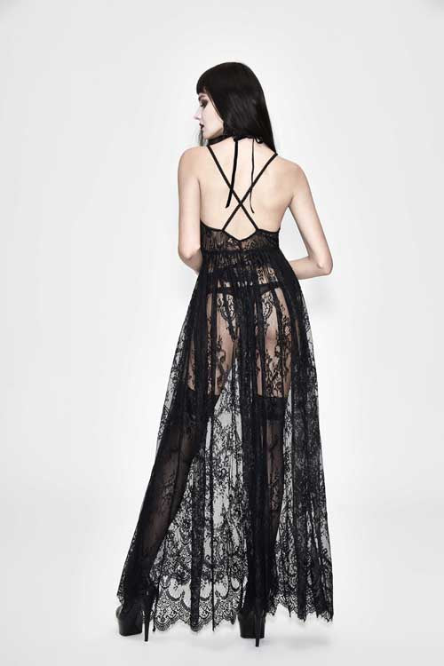 Black Sheer Lace High-Waist Sexy Halter Long Gothic Dress for Women
