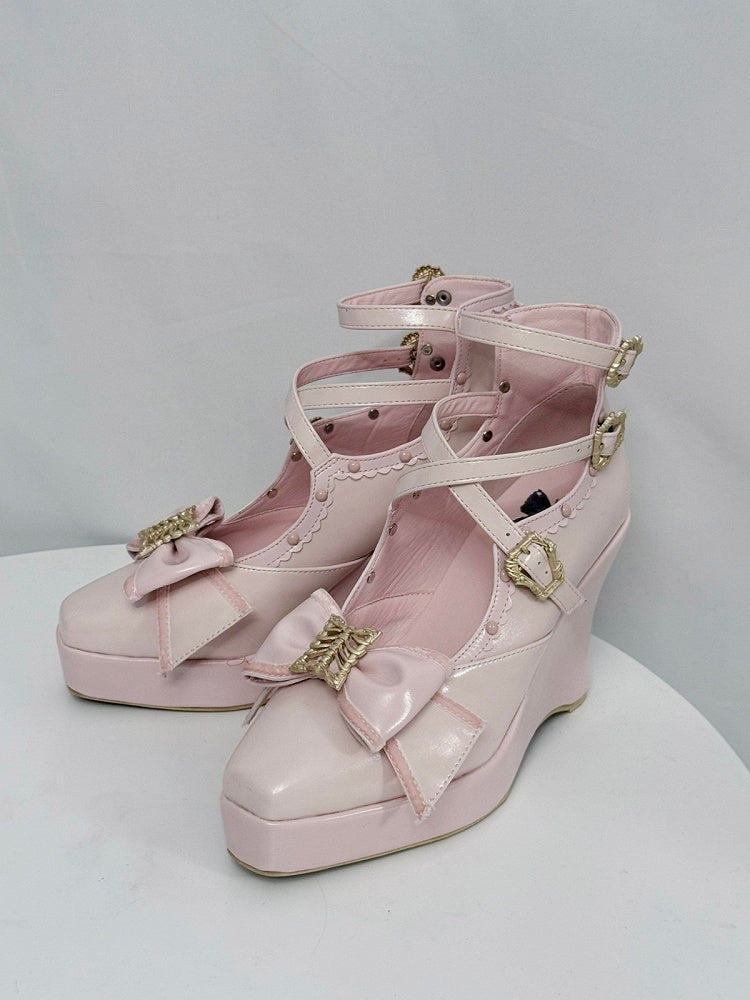 Pink Gothic Lolita Polished Shoes with Butterfly Bow & 10cm Slope Heel - sphenoid