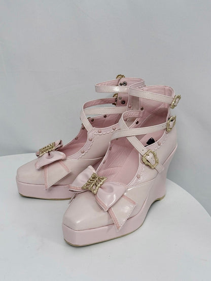 Pink Gothic Lolita Polished Shoes with Butterfly Bow & 10cm Slope Heel - sphenoid