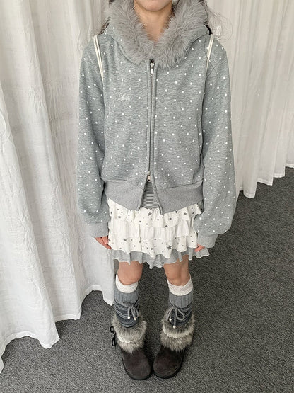 Dot Trim Jacket Dual-way Hood with Fleece-lined Plush Gray Polka Zipper